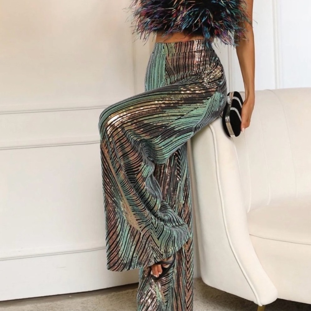 NWT Faeriesty Iridescent Sequin Flare Pants High Rise Green Gold Glam Festival